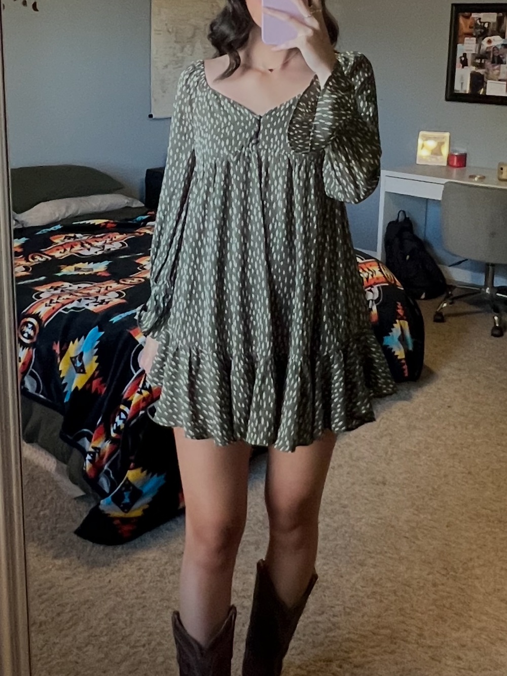 Women's Olive Green Long Sleeve Mini Dress